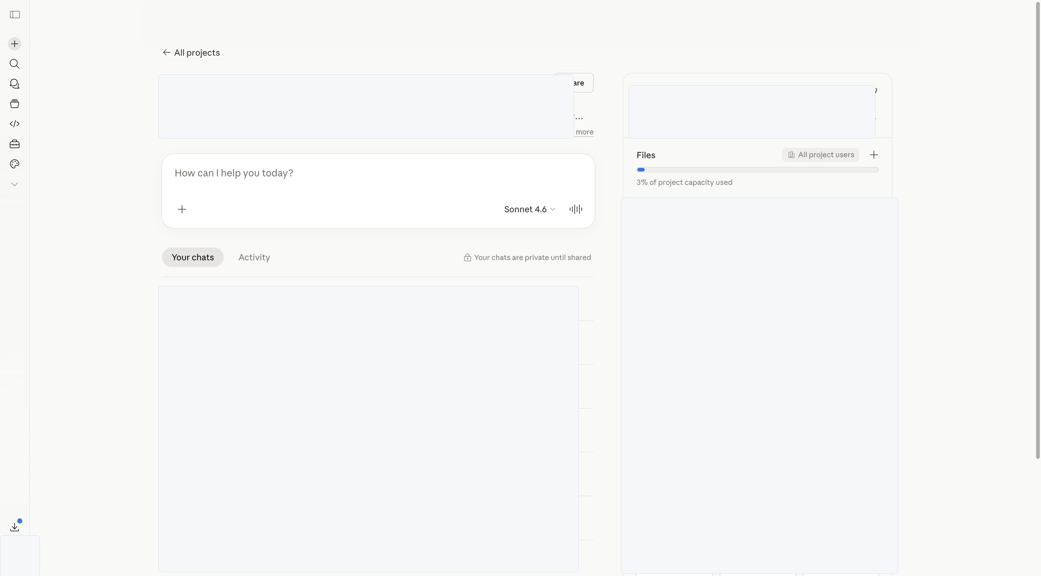 Redacted Claude project with uploaded SEO files, instructions, GSC exports, crawl data, and brand references