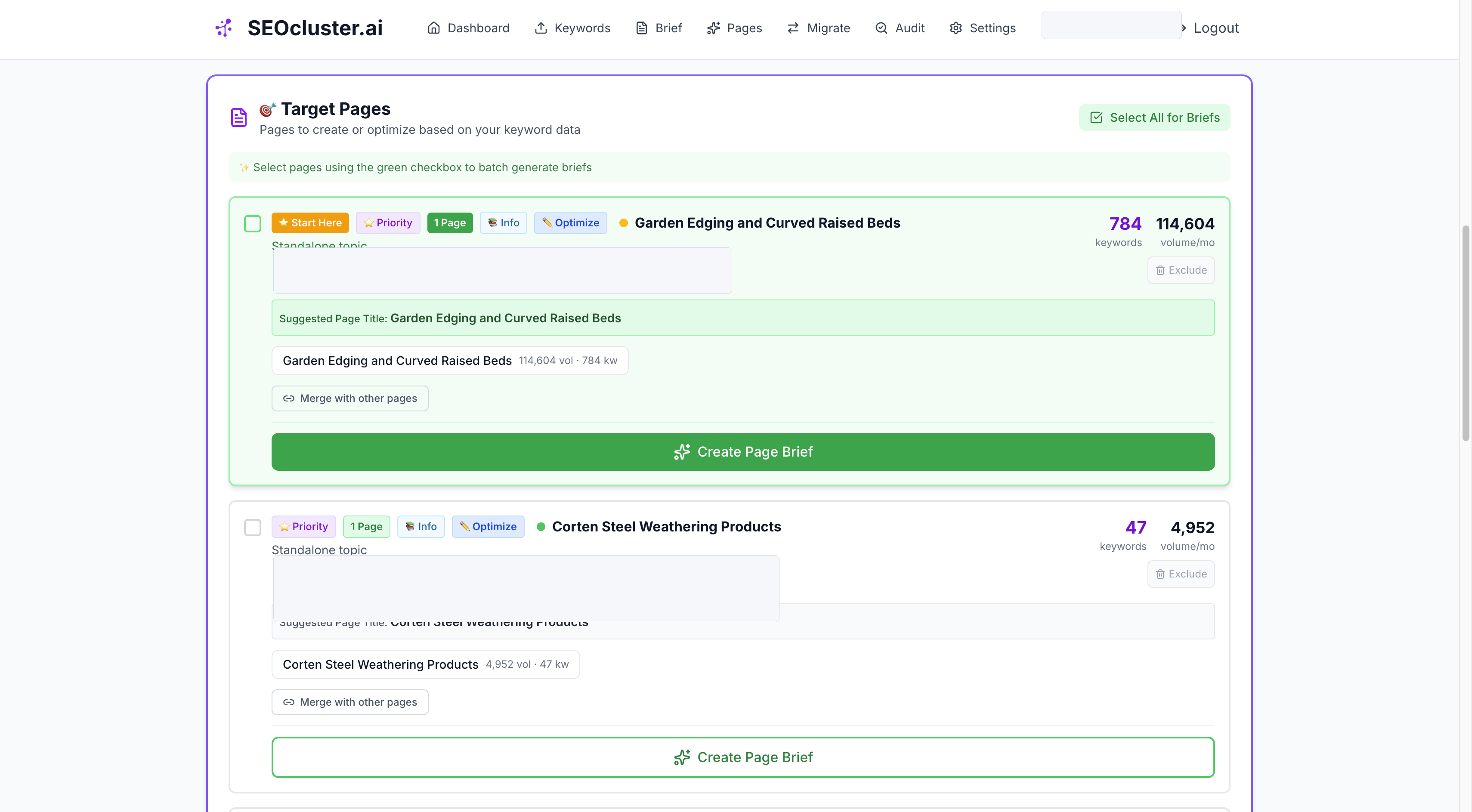 Redacted SEOcluster.ai target pages report showing clustered keywords, target pages, volume, and page brief actions