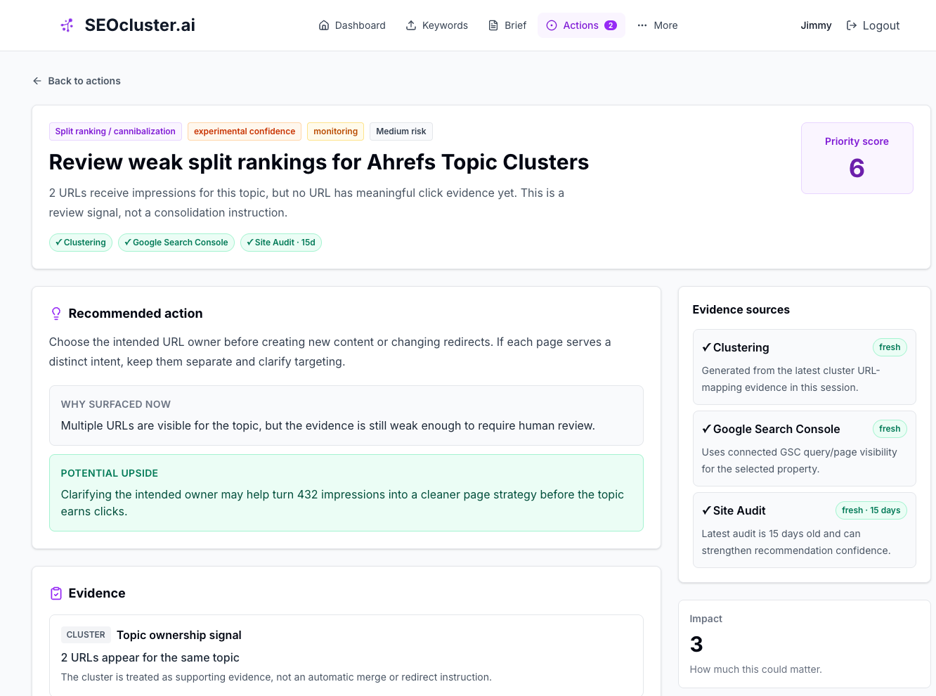 SEOcluster.ai Action detail page showing evidence sources, recommended action, potential upside, and safety-focused review notes