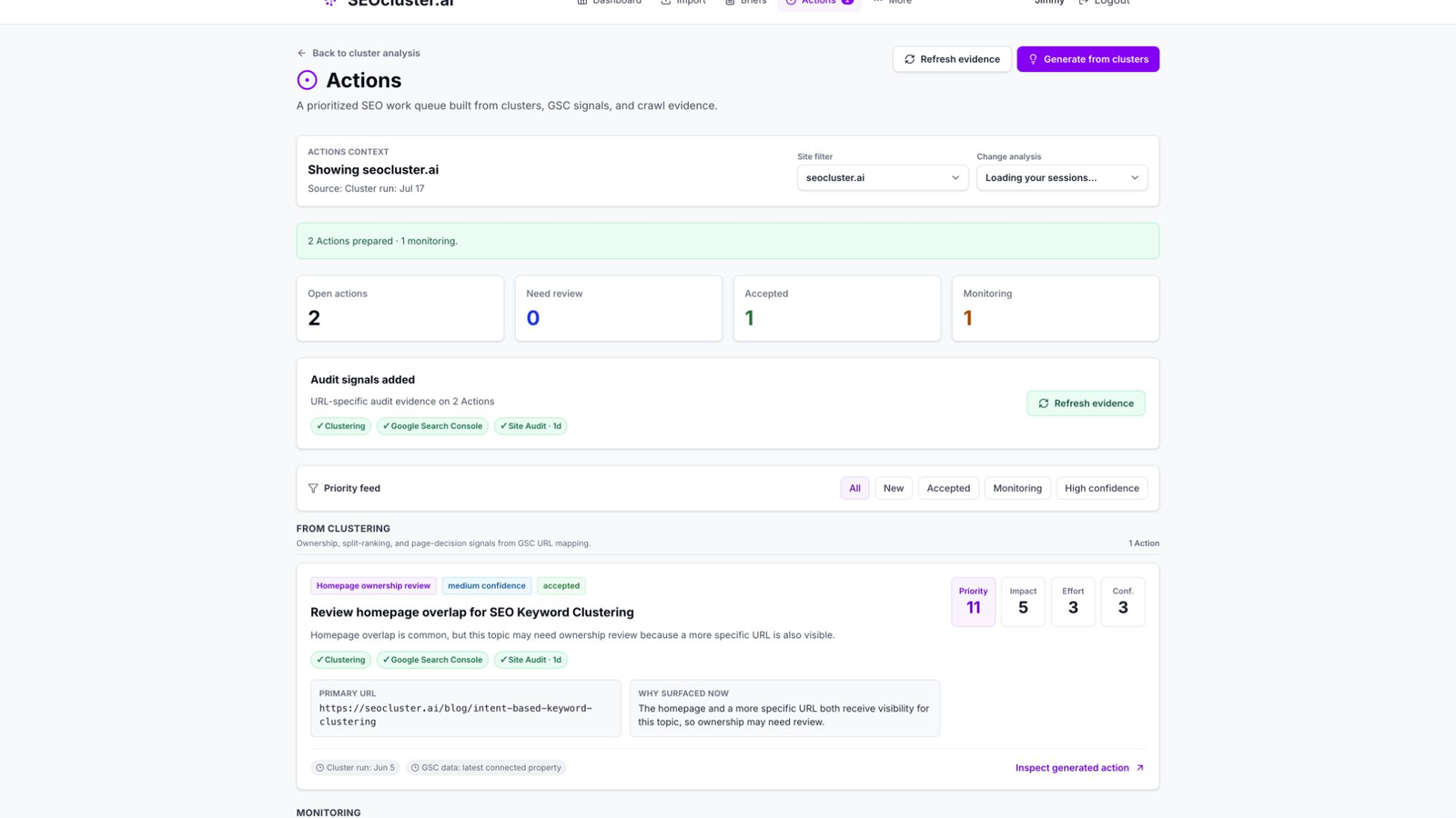 SEOcluster.ai Actions queue generated from clustering, GSC, and audit evidence