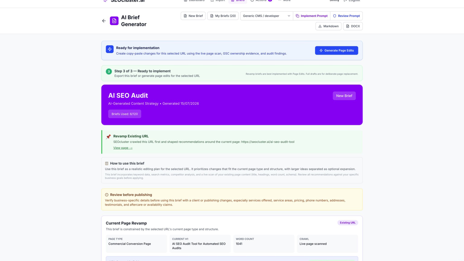 AI-generated SEO content brief with executive summary, page structure, FAQs, and schema recommendations.