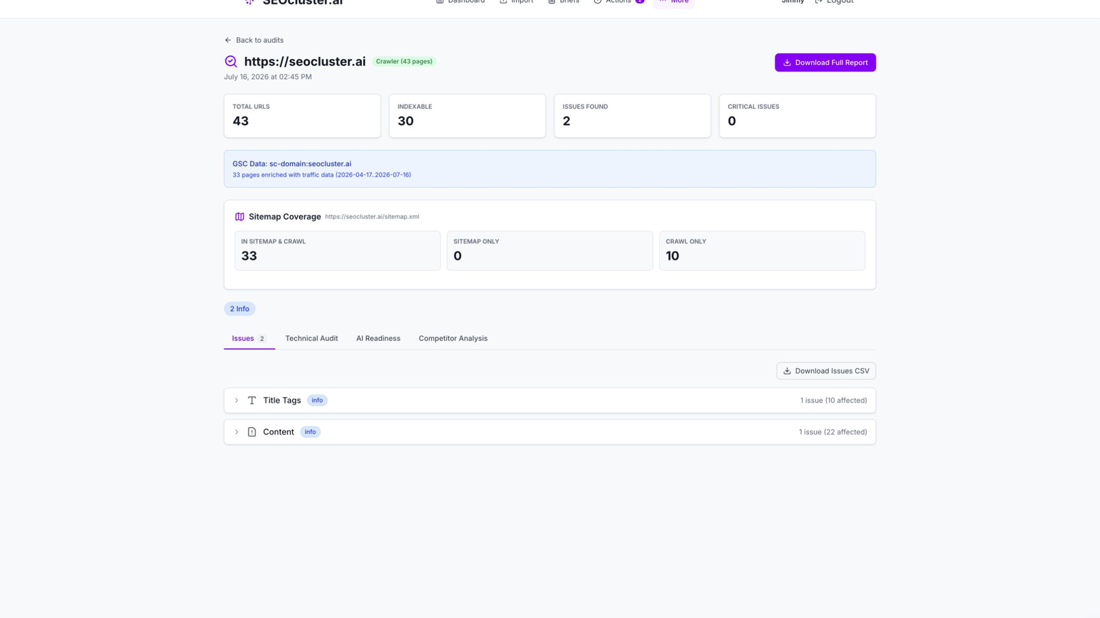 AI readiness assessment showing how well the site is prepared for AI search engines like ChatGPT, Perplexity, and Google AI Overviews