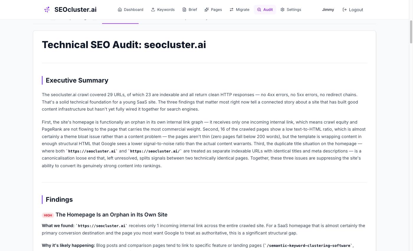 AI-powered technical audit report with prioritised recommendations, issue analysis, and actionable fixes for each category