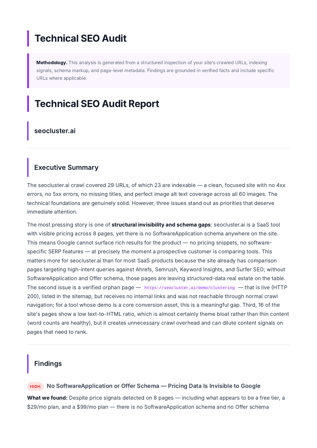 PDF technical SEO audit excerpt with executive summary and prioritized findings