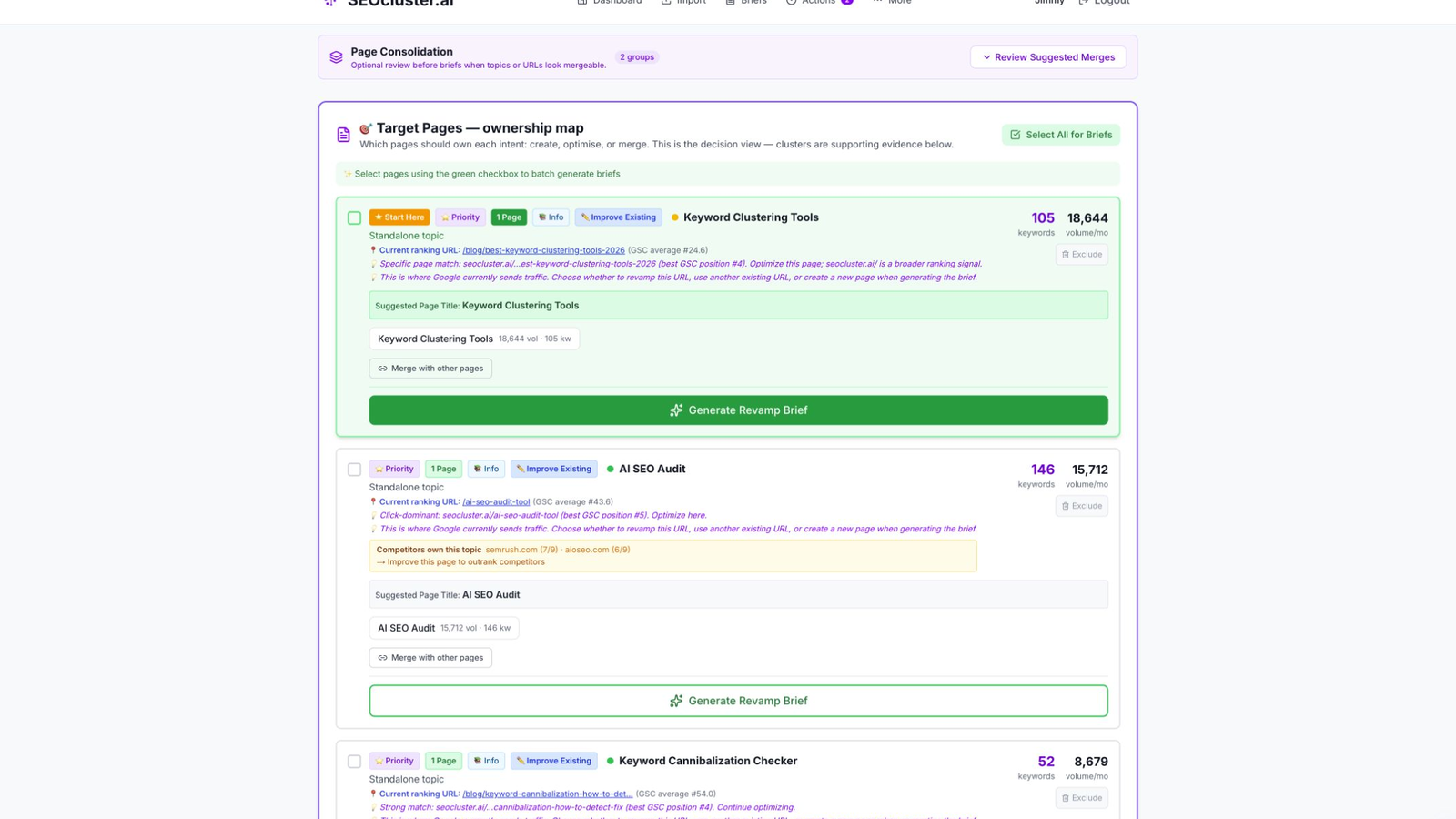 SEOcluster.ai Target Pages dashboard showing recommended pages to create, optimize, or merge with topic branches, search volume, and existing URL mapping