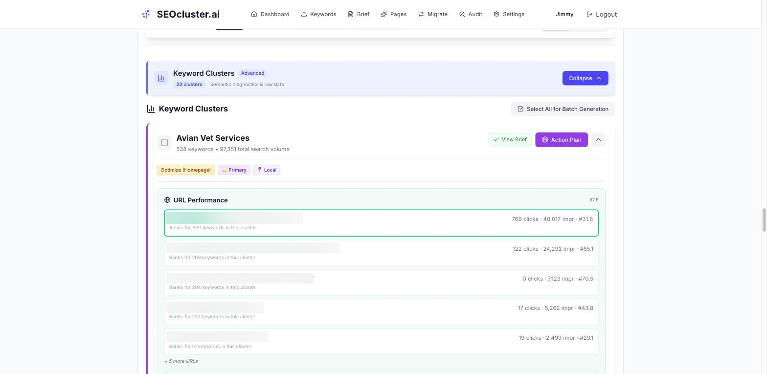 URL mapping dashboard showing keyword clusters mapped to existing pages with action recommendations - optimize, strengthen, choose primary, create, or monitor