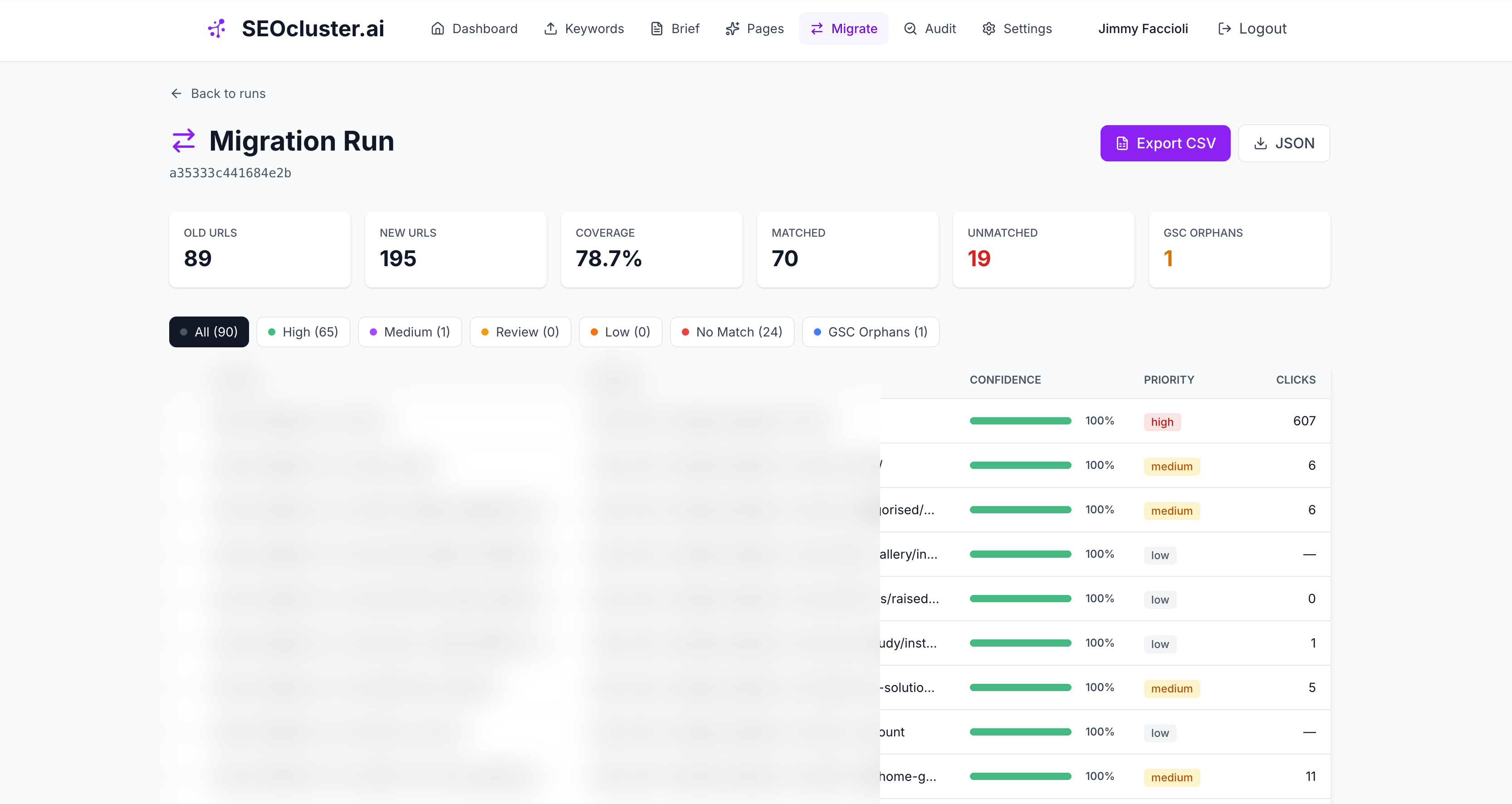 URL migration mapper showing redirect map with confidence scores, match status, and GSC traffic prioritisation for each old-to-new URL pair